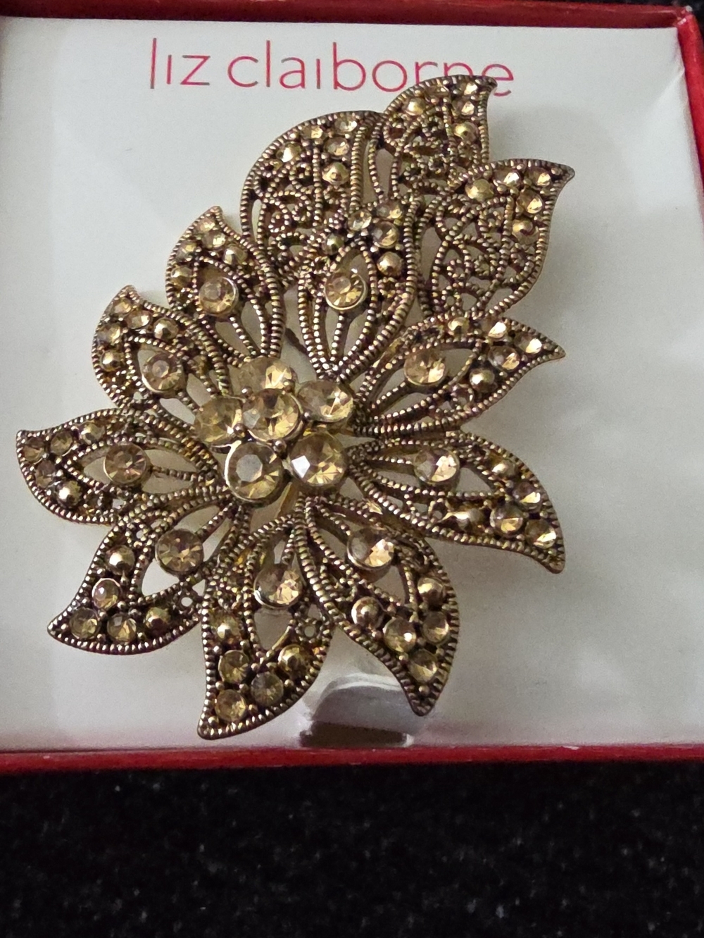 Liz Claiborne VINTAGE NIB Gold-Tone Floral Rhinestone Brooch 80s
